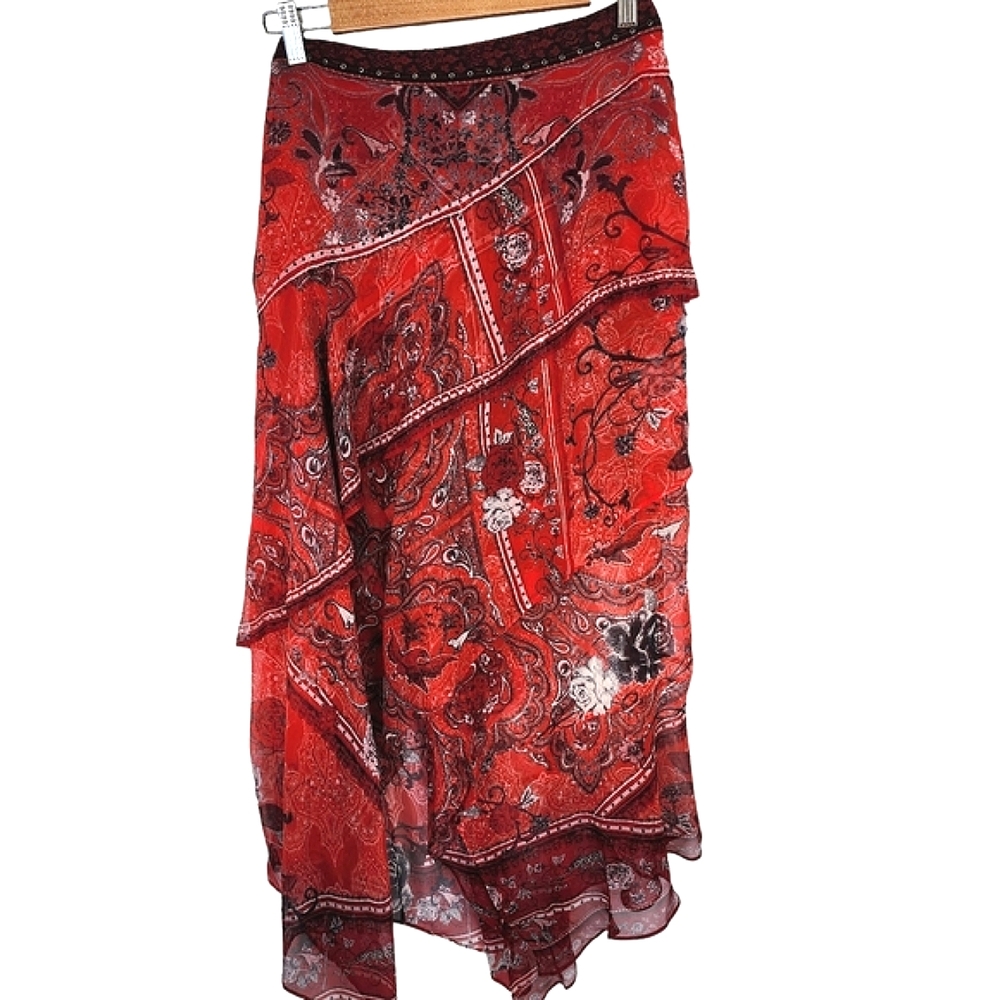 Camilla long skirt embellished hankerchief style red & paisley - size 16 - Picture 9 of 17